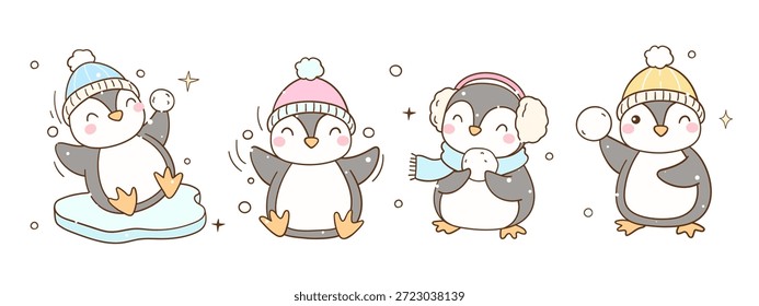 Dibujar Vector lindos pingüinos jugar nieve Día de invierno temporada Animales árticos Doodle ilustración de dibujos animados
