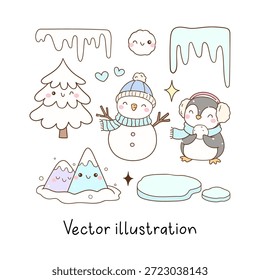 Vektorgrafik niedlich Pinguine Schneemann Winter Tage Dinge Arktische Tiere Klassenzimmer decore Doodle Cartoon Illustration