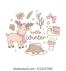 Draw vector cute pink cozy winter Christmas season Snow day Woodland animal Doodle cartoon illustration