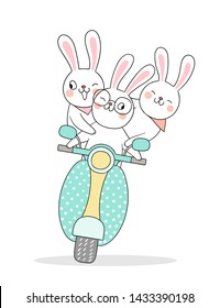 Draw vector cute rabbit driving scooter so funny.Isolated on white.Doodle cartoon style.