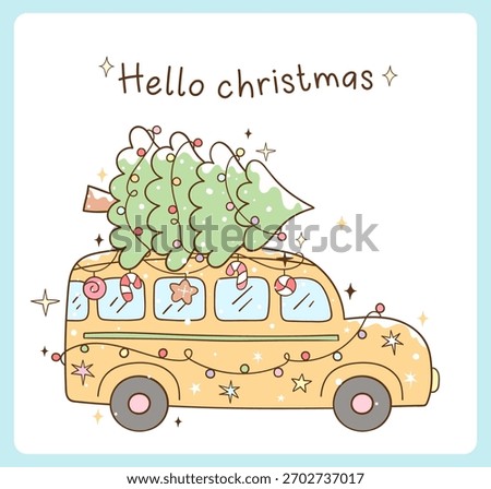 Draw vector cute school bus with christmas tree Christmas Winter season Classroom decor Doodle cartoon illustration