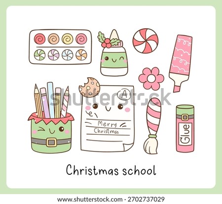 Draw vector cute school supplies cartoon Christmas Winter season Classroon decor Doodle cartoon