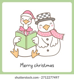 Dibujar el Vector lindo ganso tonto libro de lectura con muñeco de nieve Feliz Navidad Bookish amante Doodle de dibujos animados