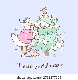 Dibuje el ganso tonto lindo del Vector con las Navidades del árbol de navidad Temporada de invierno Animales de moda Ilustración de dibujos animados Doodle