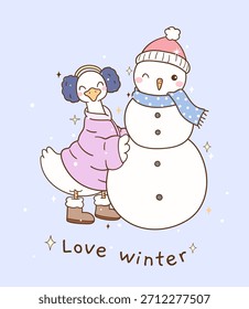 Zeichnen Sie Vektorgrafik süße dumme Gans Spiel mit Schneemann Weihnachten Winter Saison Trendy Tier Doodle Cartoon Illustration