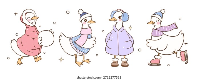 Dibujar el Vector lindo ganso tonto en la nieve Temporada de Navidades de invierno Animales de moda Ilustración de dibujos animados Doodle