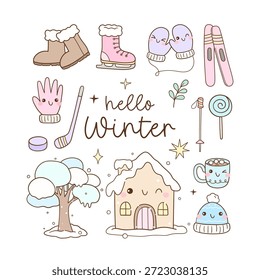 Draw vector cute wnter things snow days season Classroom decore Doodle cartoon illustration