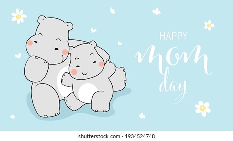 Draw vector funny hippopotamus mom and kid For mother's day Doodle cartoon style