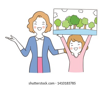 Draw vector a girl show her drawing with teacher Save earth concept.Isolated on white.Doodle cartoon style.