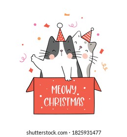 Draw vector happy cats in red gift box For winter and New year.Doodle cartoon style.