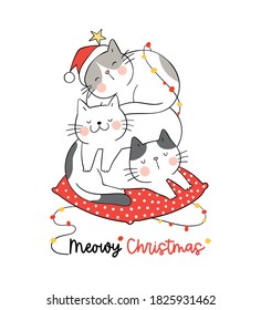 Draw vector happy cats sleeping on red pillow For winter Christmas and New year.Doodle cartoon style.