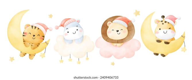 Draw vector illustration animal sweet dream For nursery Baby shower Birthday kids Watercolor style