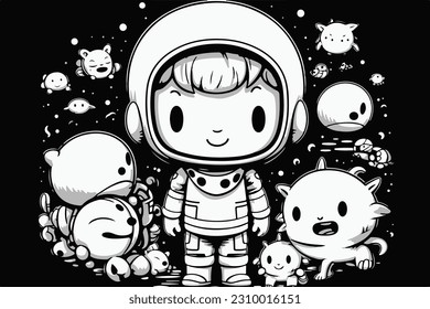 Draw a vector illustration of a astronaut surrounded by monsters with animal in outer space.