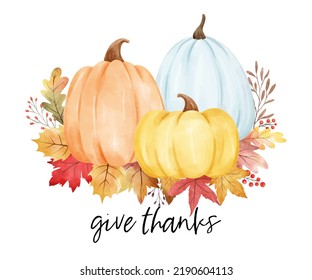 Draw vector illustration autumn pumpkin arrangement For Autumn Harvest Thanksgiving card Watercolor style