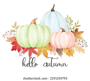 Draw vector illustration autumn pumpkin arrangement with word hello autumn For Autumn Harvest Thanksgiving card Watercolor style