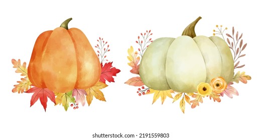 Draw vector illustration autumn pumpkin arrangement with leaves For Autumn Harvest Thanksgiving day card Watercolor style