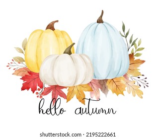 Dibujar ilustración vectorial arreglo de calabaza otoñal con la palabra hola otoño Para otoño Harvest Gracias tarjeta Watercolor estilo