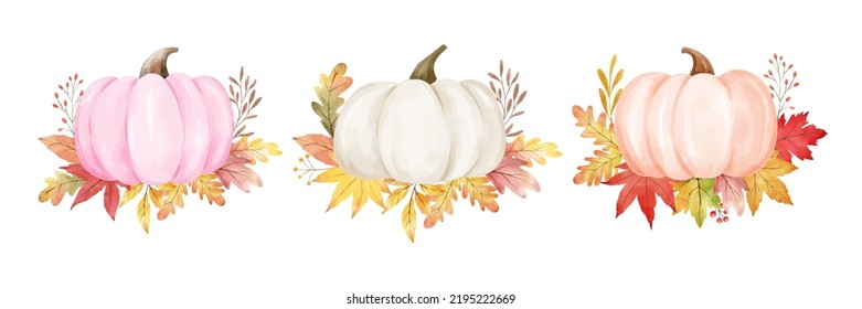 Draw vector illustration autumn pumpkin arrangement with dry fall leaves For Autumn Harvest Thanksgiving day card Watercolor style