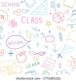 Draw vector illustration background colorful objects and icon on white.For school.Doodle sketch style.