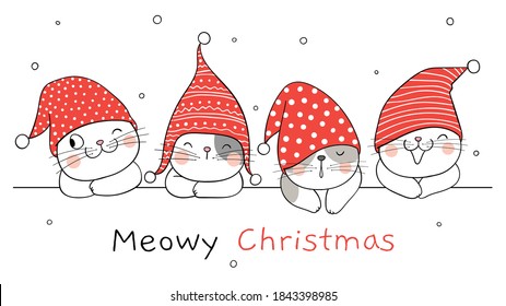Draw vector illustration banner adorable cats.For winter New year and Christmas.Doodle cartoon style.