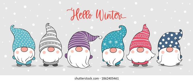 Draw vector illustration banner adorable gnomes in snow.For winter and Christmas.Doodle cartoon style.