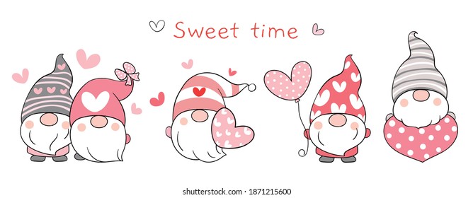 Draw vector illustration banner adorable gnomes in love For Valentine day.Doodle cartoon style.