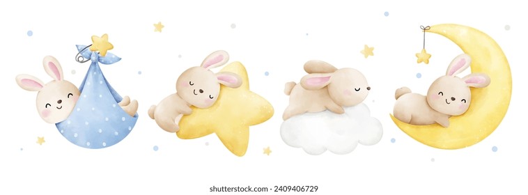 Draw vector illustration banner adorable baby bunny boy sweet dream For nursery birthday kids Watercolor style