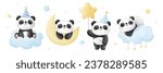 Draw vector illustration banner baby panda boy For nursery birthday kids Sweet dream concept Watercolor style