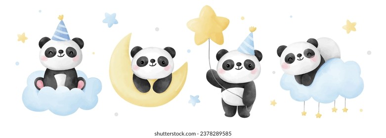 Draw vector illustration banner baby panda boy For nursery birthday kids Sweet dream concept Watercolor style