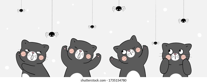 Draw vector illustration banner black cat with spider.For Halloween day.Doodle cartoon style.