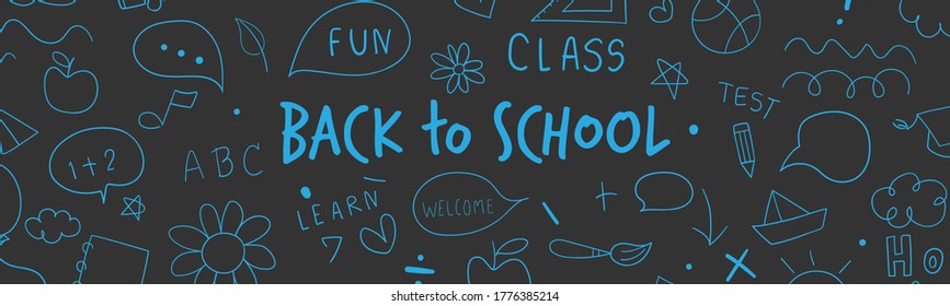 Draw vector illustration banner blue objects and icon on black.For back to school.Doodle kid style.
