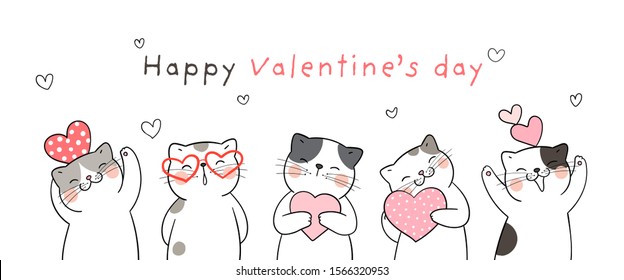 Draw vector illustration banner cat for Valentine's day So funny and happy love on white.Doodle cartoon style.