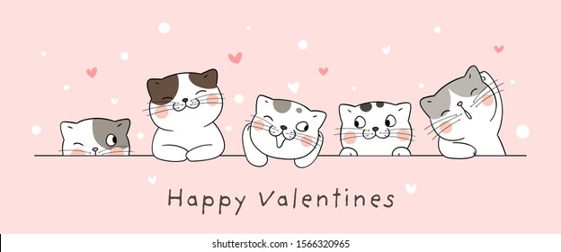 Draw vector illustration banner cat with little heart for Valentine's day on pink.So funny and happy love.Doodle cartoon style.