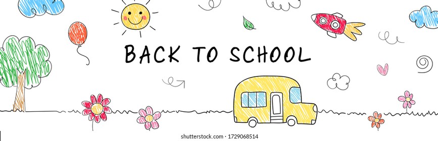 Draw vector illustration banner colorful objects and icon.For back to school.Doodle kid style.