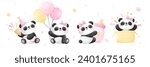 Draw vector illustration banner cute baby panda girl For nursery birthday kids Sweet dream concept Watercolor style