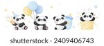 Draw vector illustration banner cute baby panda boy For nursery birthday kids Sweet dream concept Watercolor style
