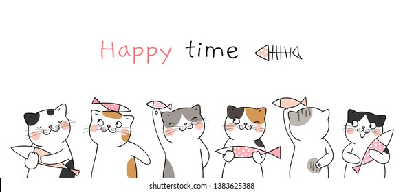 Draw vector illustration banner cute cat holding fish with word happy time.Isolated on white.Doodle cartoon style.
