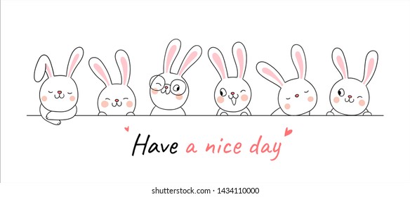 Draw vector illustration banner cute rabbit with word have a nice day.Isolated on white.Doodle cartoon style.