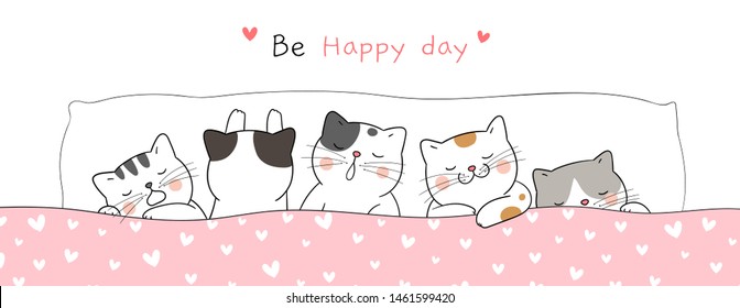 Draw vector illustration banner cute cat sleeping so sweet dream.Doodle cartoon style.