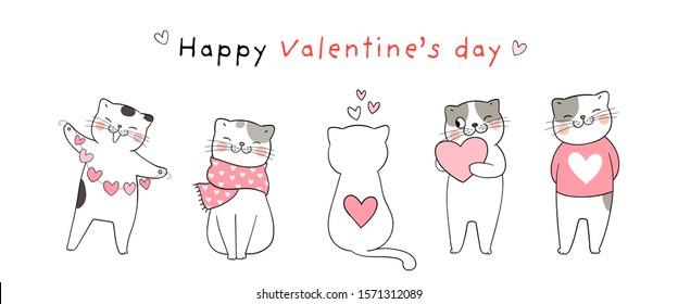 Draw vector illustration banner cute cat for Valentine's day on white.Doodle cartoon style.