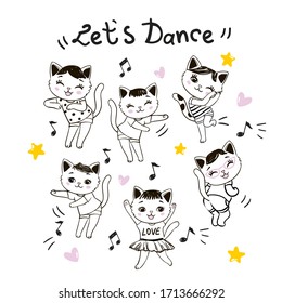 Draw vector illustration banner cute cat dancing so funny on white color.Doodle cartoon style