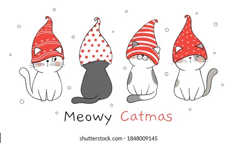 Draw vector illustration banner cute cat with gnome hat.For winter and Christmas.Doodle cartoon style.