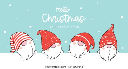 Draw vector illustration banner cute gnomes in snow.For winter and Christmas.Doodle cartoon style.