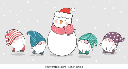 Draw vector illustration banner cute gnomes with snowman.For winter and Christmas.Doodle cartoon style.