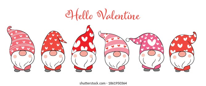 Draw vector illustration banner cute gnomes valentines day.Doodle cartoon style.