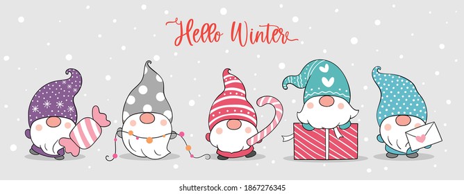 Draw vector illustration banner cute gnomes in snow For winter and Christmas.Doodle cartoon style.