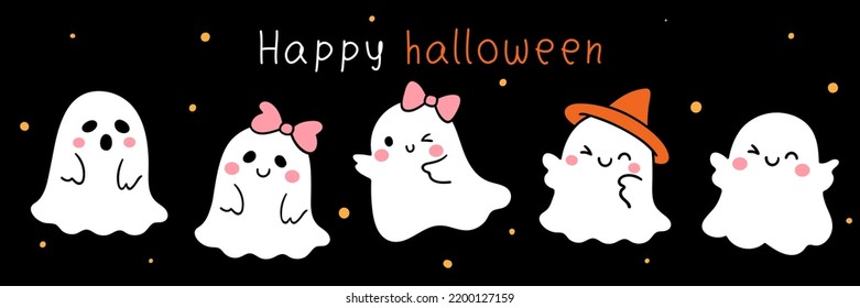 Draw vector illustration banner cute ghost For halloween party Doodle cartoon style