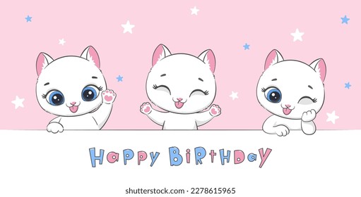 Draw vector illustration banner with cute cats . Happy Birthday concept. Vector illustration.