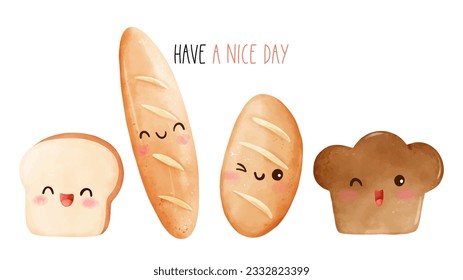 Draw vector illustration banner cute bread Bakery concept Watercolor style