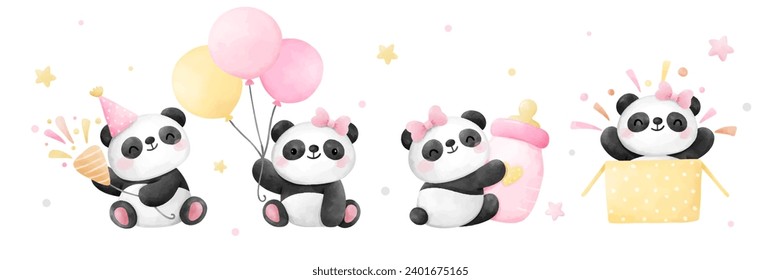 Draw vector illustration banner cute baby panda girl For nursery birthday kids Sweet dream concept Watercolor style